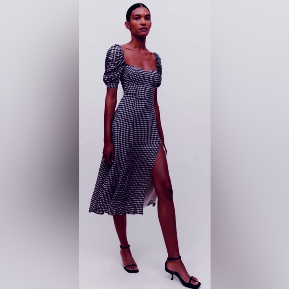 Reformation Linen Midi Dress Gingham Puff Sleeves  Revealing Leg Slit Size 2
